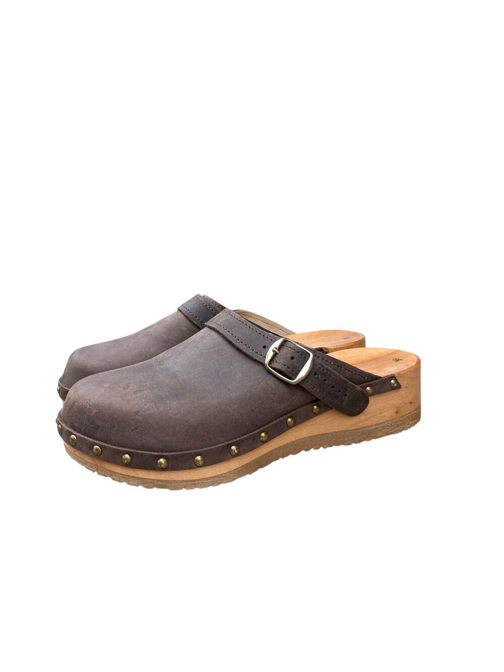 Dark Brown Leather Studded Wooden Clogs | Cottage Boho Swedish Style Mules NEW